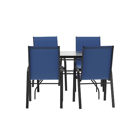 Flash Furniture Brazos 5 Piece Patio Dining Set w/Tempered Glass Patio Table w/4 Chairs w/Navy Seats and Backs FV-120B-303CNV-GG